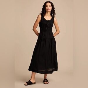 Lucky Brand Poplin Lace Trimmed Smocked Midi Dress In Caviar SZ Medium NWT $129